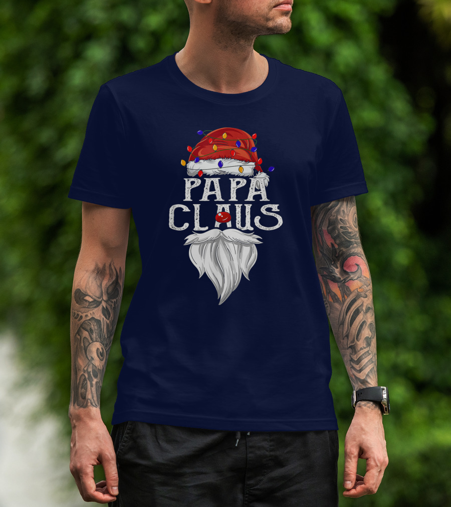 Papa Claus Santa Hat Beard Christmas Lights T-Shirt