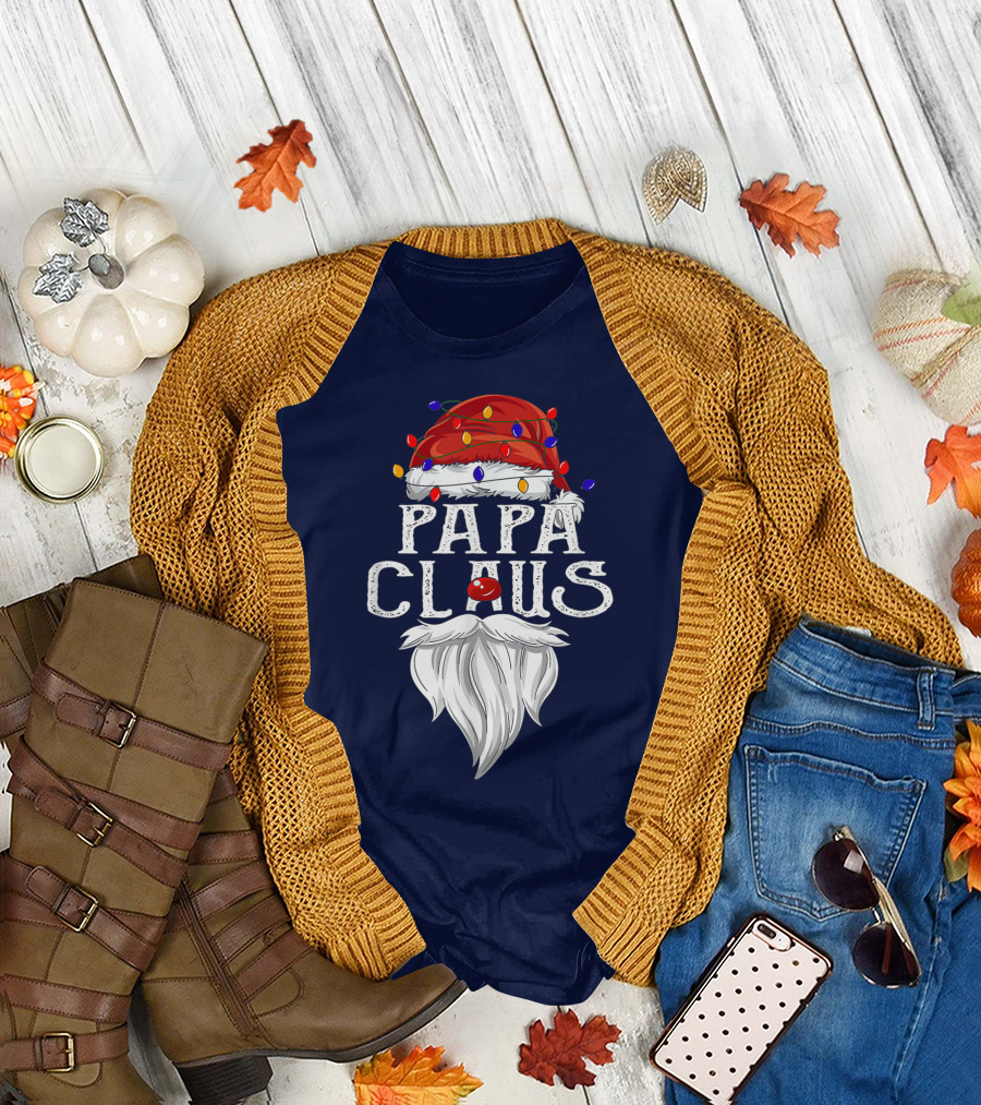 Papa Claus Santa Hat Beard Christmas Lights T-Shirt