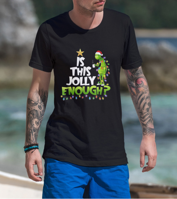Grinch Is This Jolly Enough With Christmas Lights And Santa Hat T-Shirt