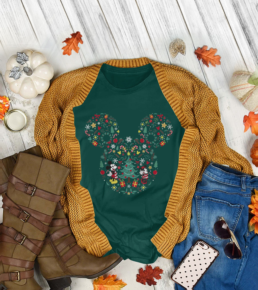 Disney Mickey and Minnie Christmas Tree Wreath Holiday Mashup T-Shirt