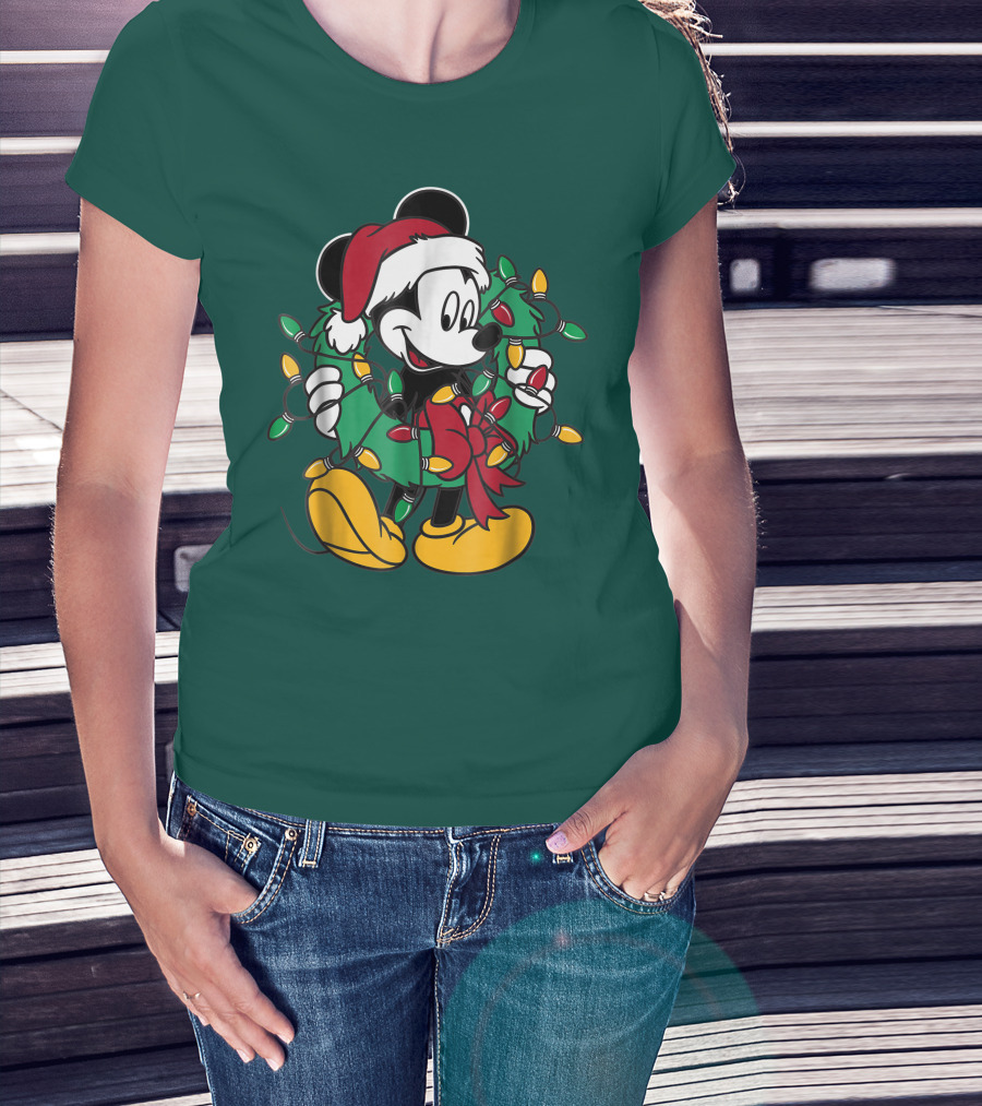 Disney Mickey Mouse Santa Hat Christmas Lights Wreath T-Shirt