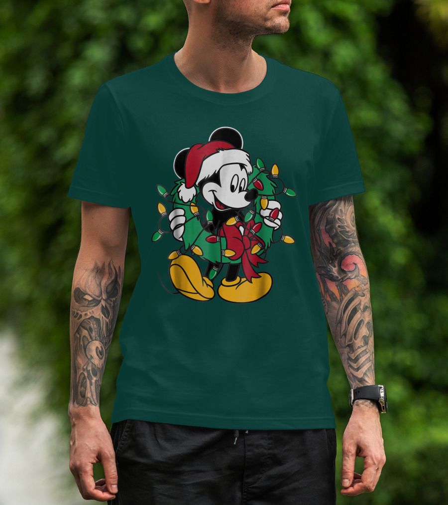 Disney Mickey Mouse Santa Hat Christmas Lights Wreath T-Shirt