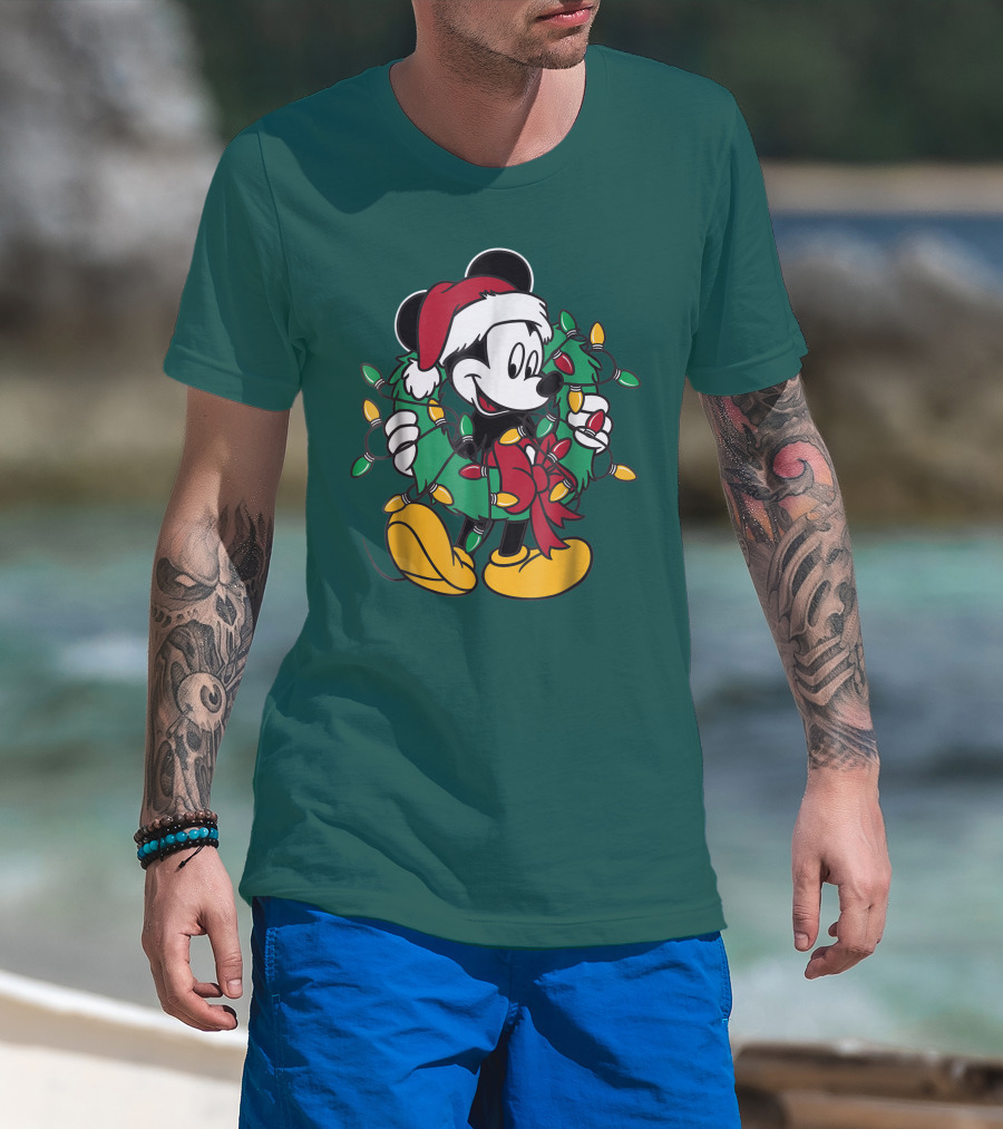 Disney Mickey Mouse Santa Hat Christmas Lights Wreath T-Shirt