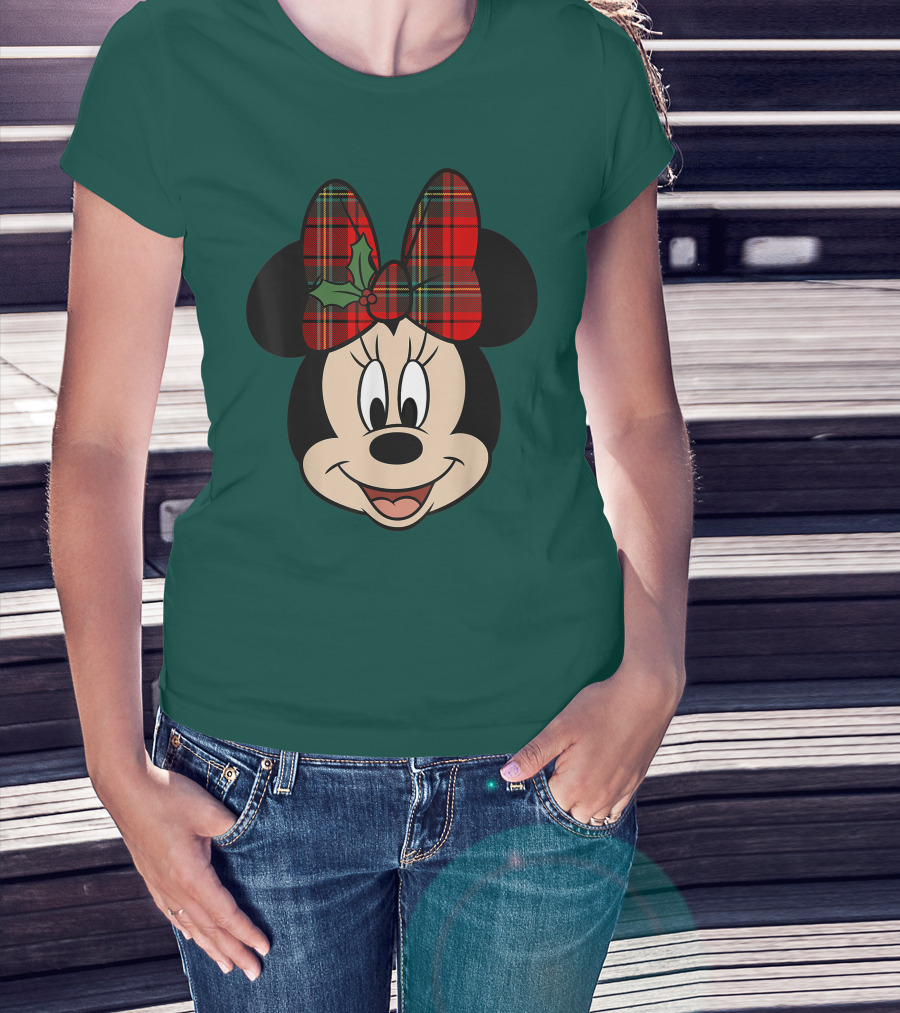 Disney Minnie Mouse Plaid Christmas Bow With Holly T-Shirt
