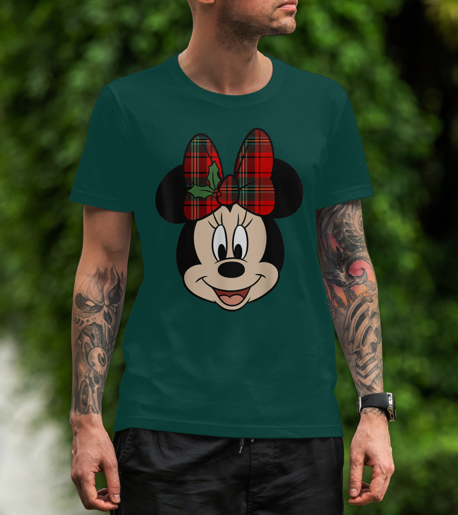 Disney Minnie Mouse Plaid Christmas Bow With Holly T-Shirt