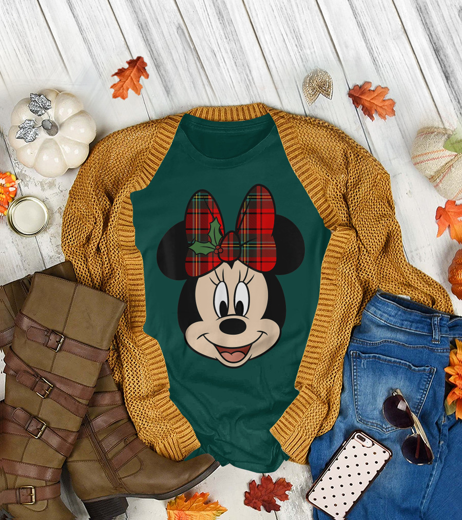 Disney Minnie Mouse Plaid Christmas Bow with Holly T-Shirt