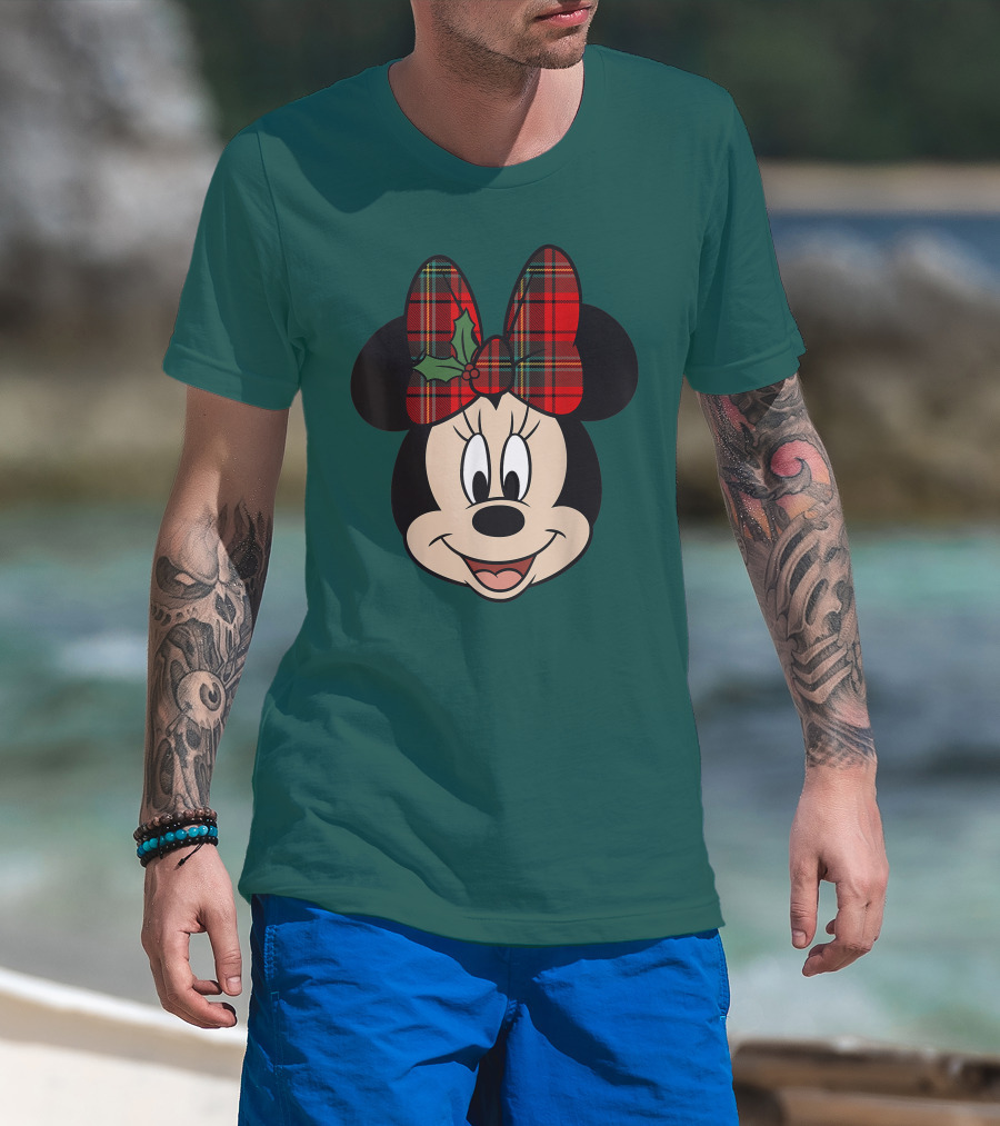 Disney Minnie Mouse Plaid Christmas Bow With Holly T-Shirt