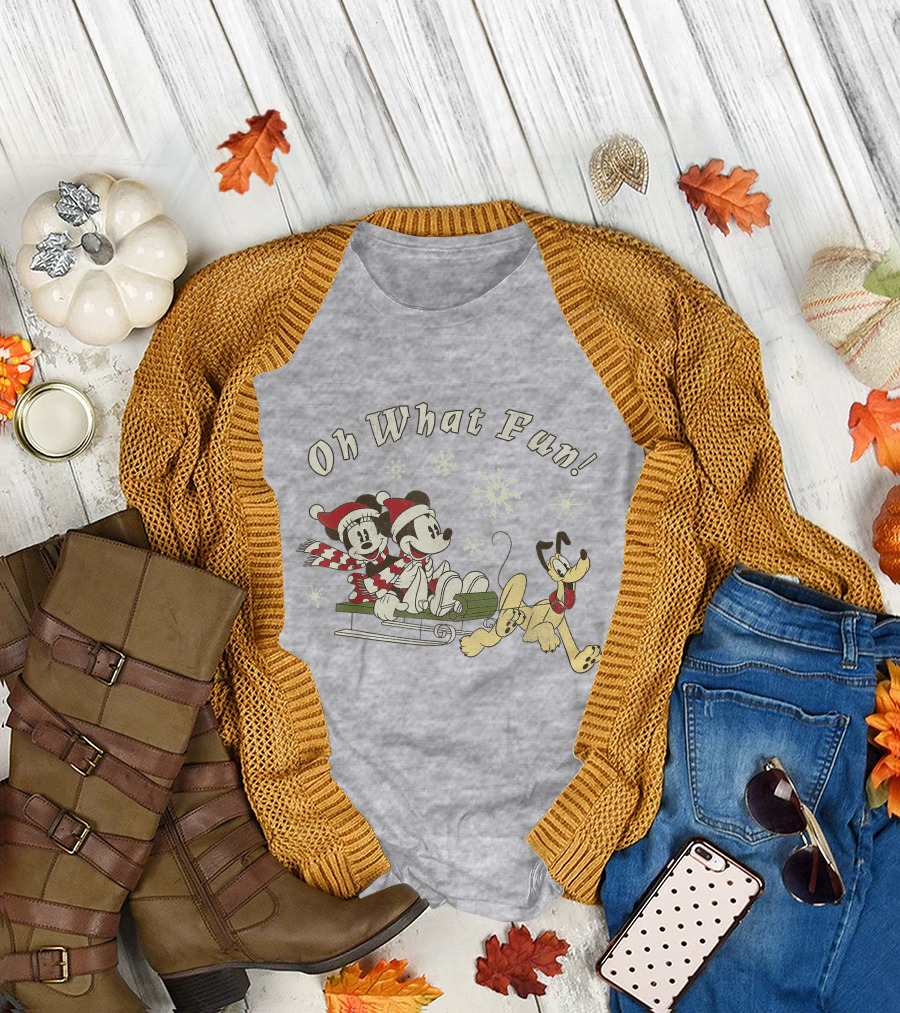 Oh What Fun Mickey Minnie Pluto Christmas Sled T-Shirt