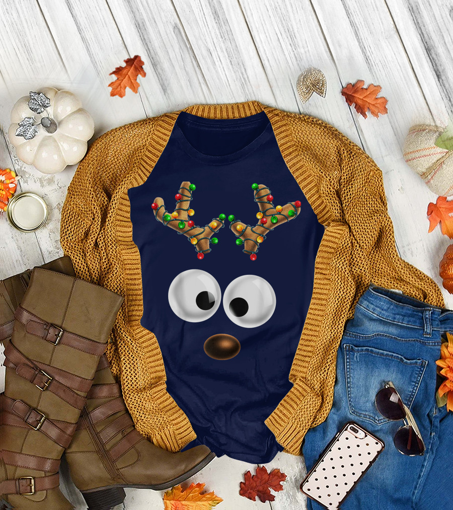 Colorful Lights Reindeer Face Christmas Matching Family T-Shirt