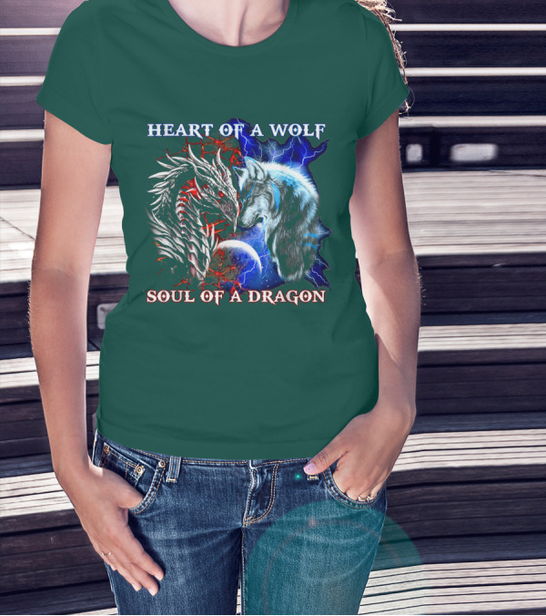 HEART OF A WOLF SOUL OF A DRAGON Wolf Dragon Lightning Planet Cracked Earth T-Shirt