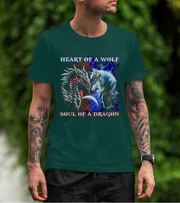 HEART OF A WOLF SOUL OF A DRAGON Wolf Dragon Lightning Planet Cracked Earth T-Shirt