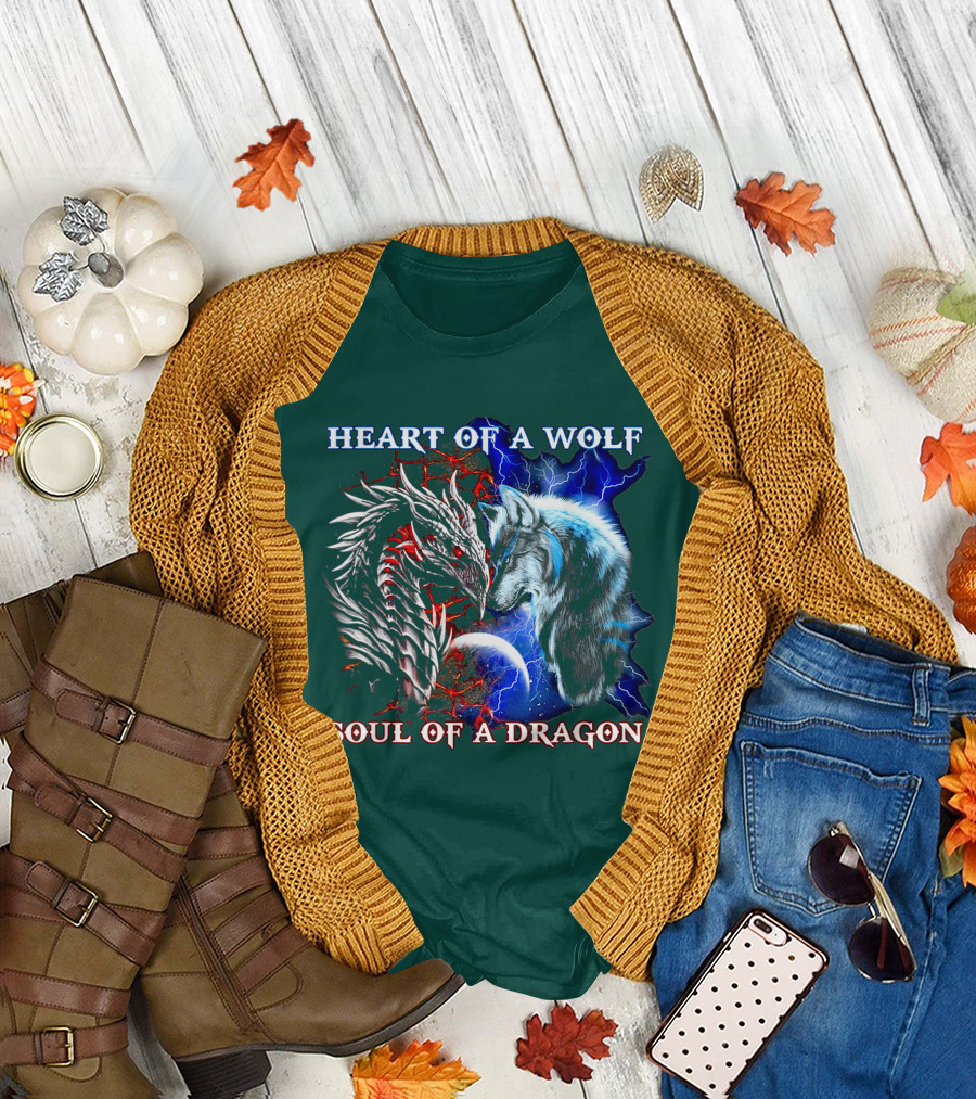 HEART OF A WOLF SOUL OF A DRAGON Wolf Dragon Lightning Planet Cracked Earth T-Shirt