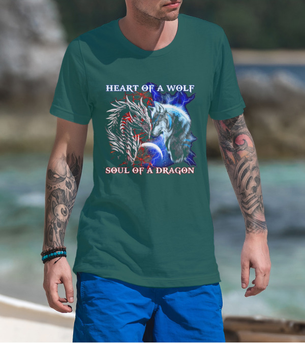 HEART OF A WOLF SOUL OF A DRAGON Wolf Dragon Lightning Planet Cracked Earth T-Shirt