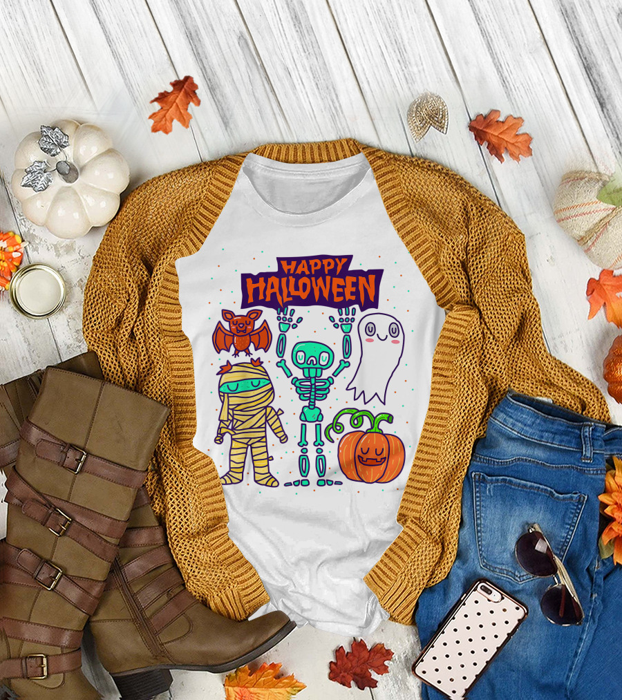 Happy Halloween Skeleton Ghost Pumpkin Mummy Bat T-Shirt