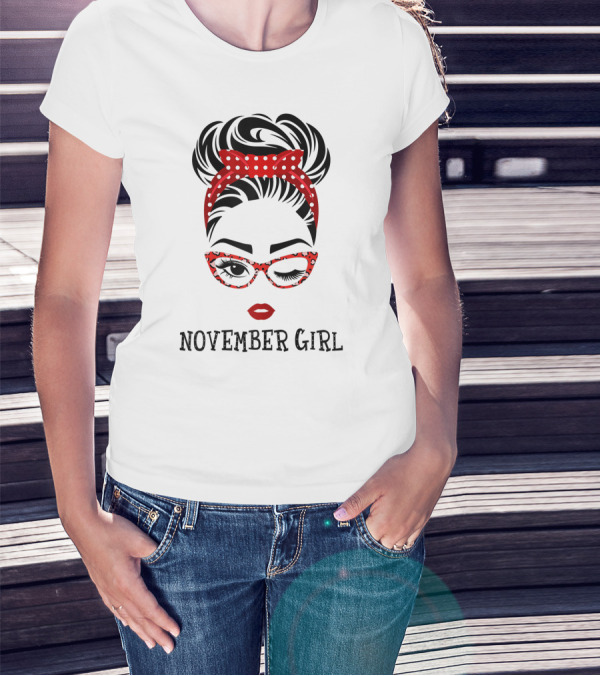 November Girl Wink Eye Woman Face Wink Eyes Lady Birthday Red Polka Dot Glasses T-Shirt