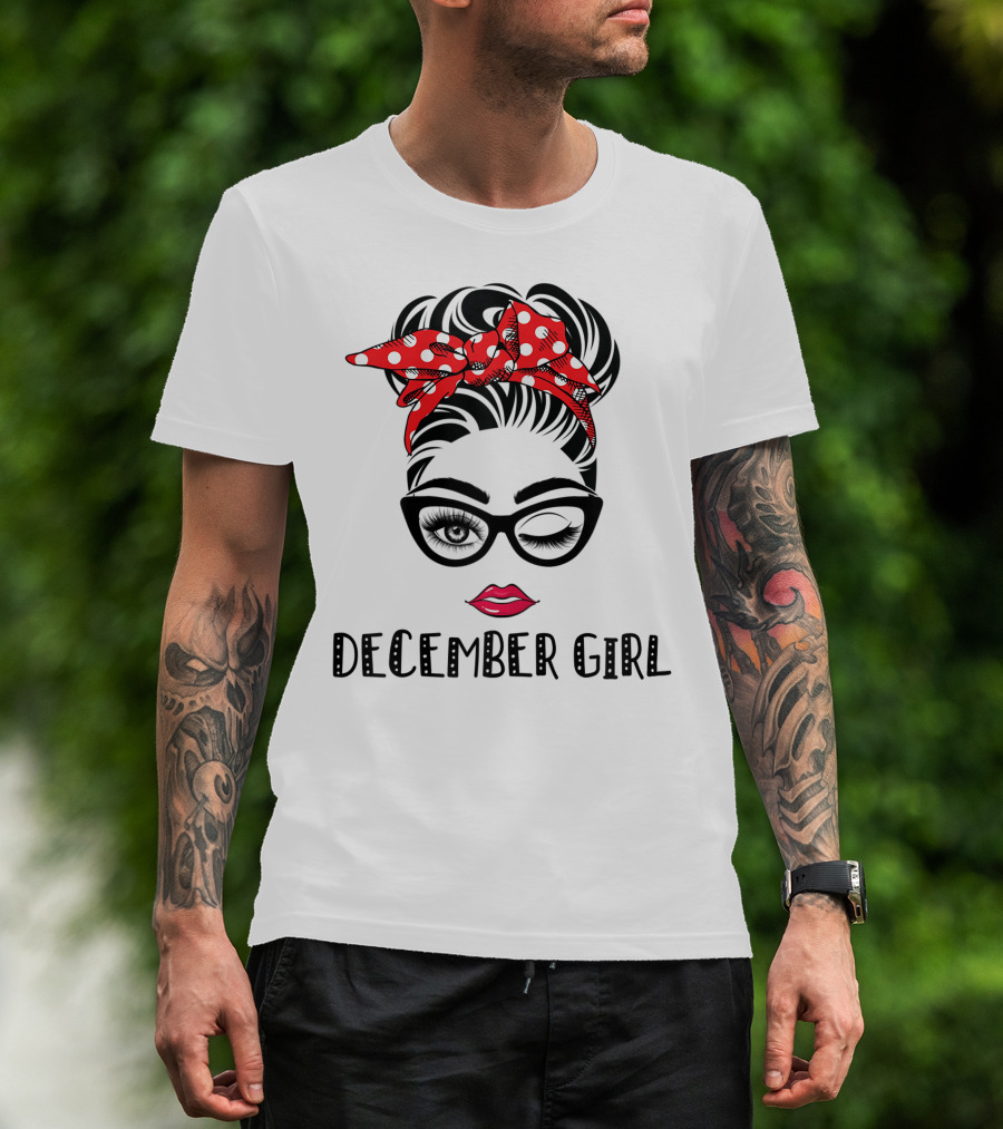 December Girl Woman Face Wink Eyes Lady Face Birthday Red Polka Dot Headband T-Shirt