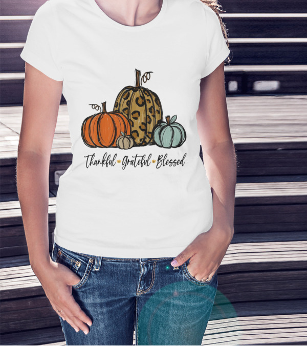 Thankful Grateful Blessed Leopard Print Pumpkin Thanksgiving Day T-Shirt