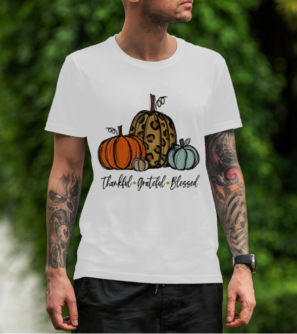 Thankful Grateful Blessed Leopard Print Pumpkin Thanksgiving Day T-Shirt
