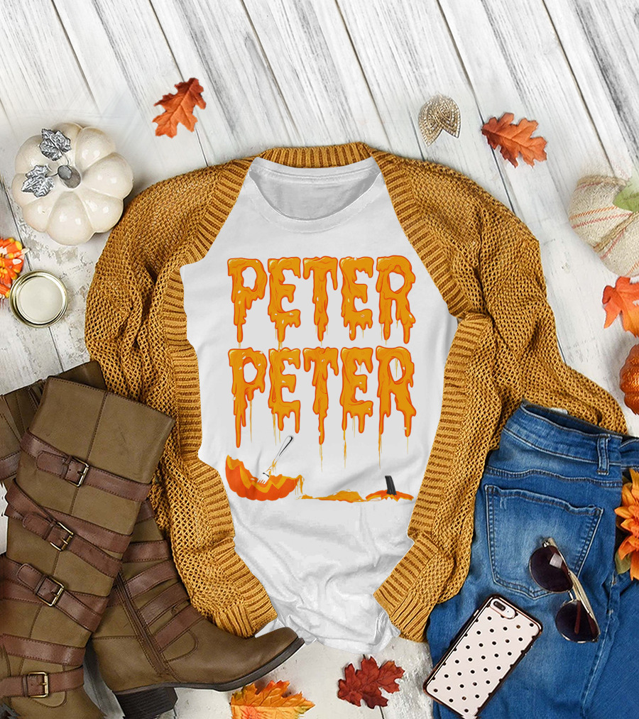 Peter Peter Pumpkin Eater Dripping Orange Text with Fork in Pumpkin T-Shirt