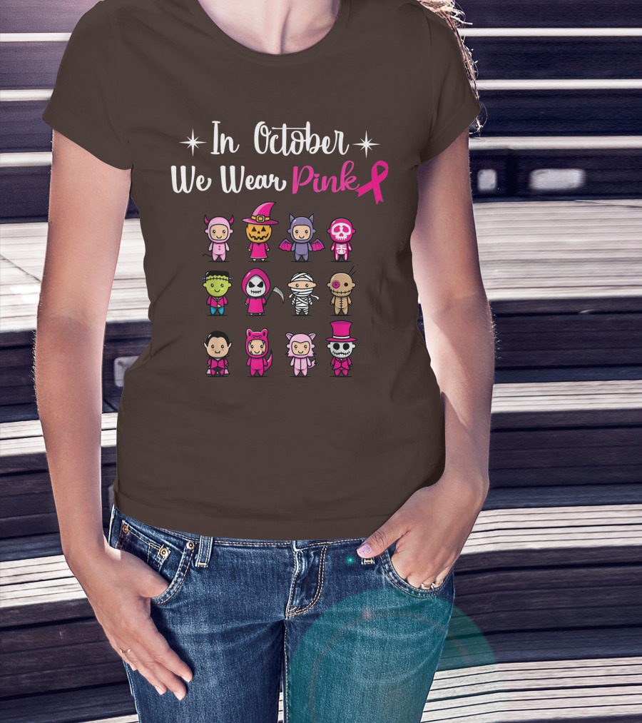 In October We Wear Pink Breast Cancer Awareness Halloween Characters T-Shirt