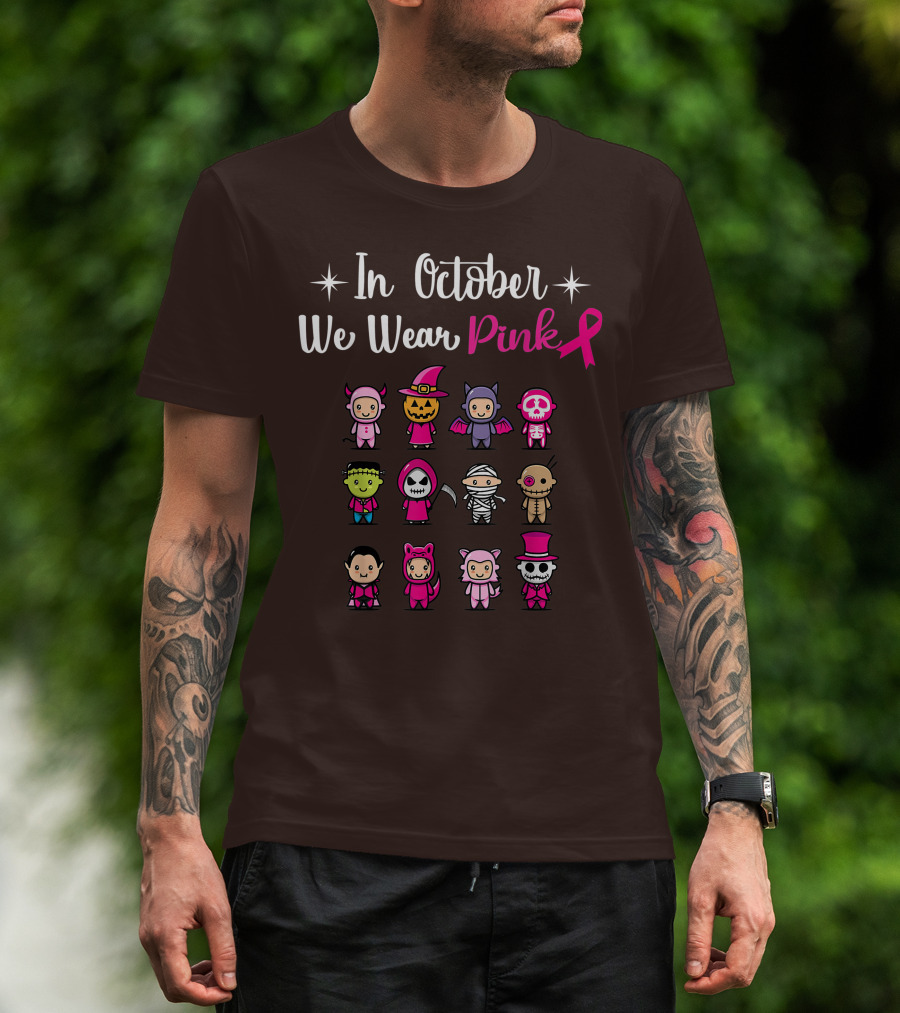In October We Wear Pink Breast Cancer Awareness Halloween Characters T-Shirt