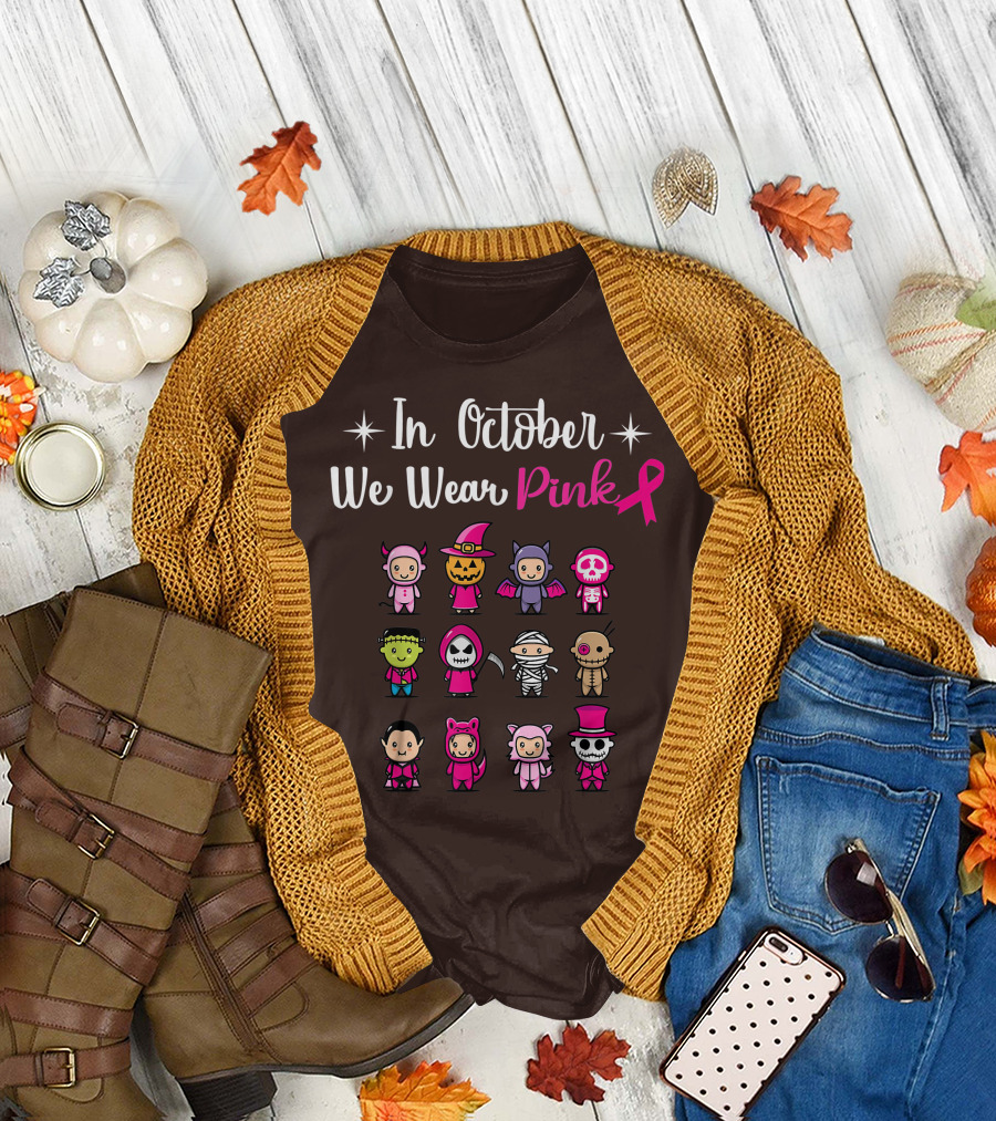 In October We Wear Pink Breast Cancer Awareness Halloween Characters T-Shirt