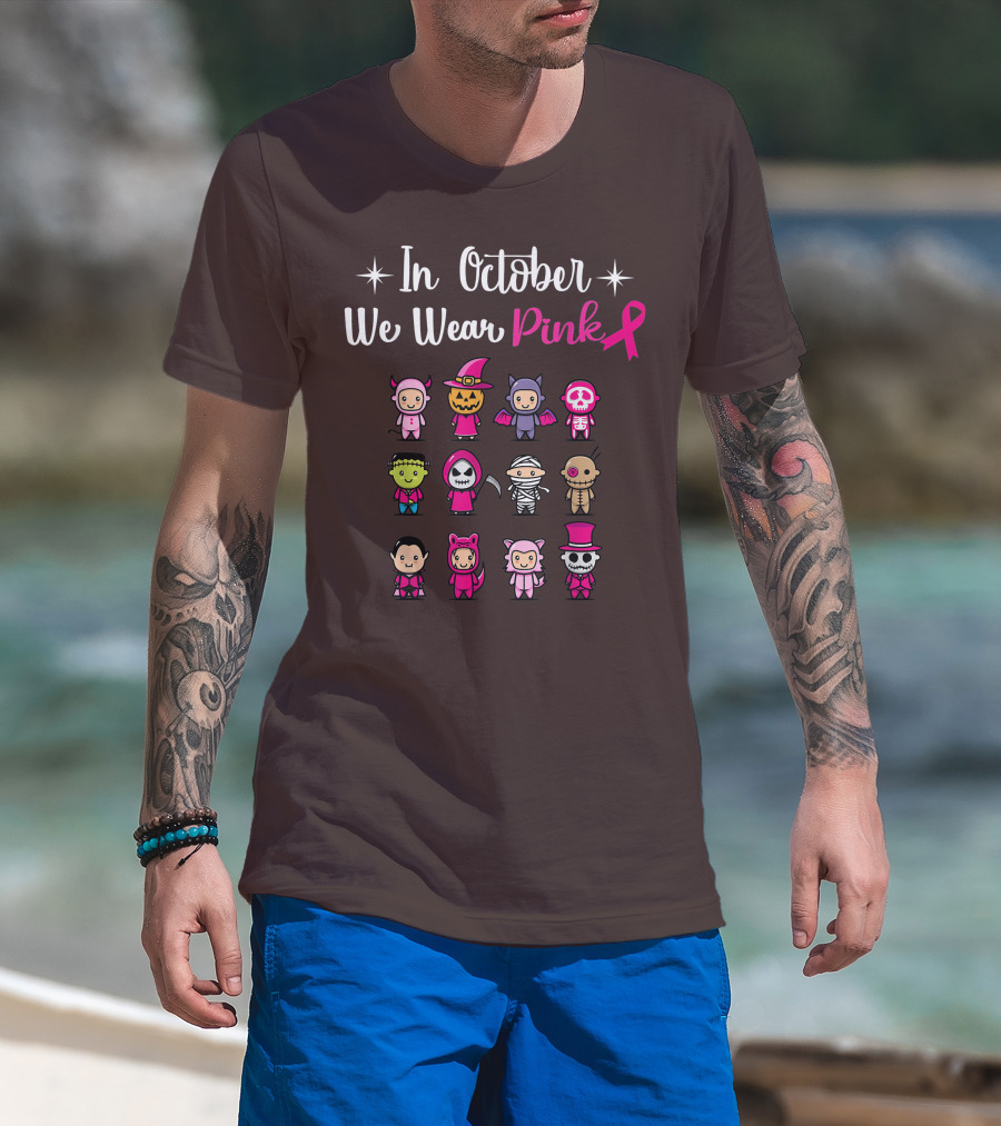 In October We Wear Pink Breast Cancer Awareness Halloween Characters T-Shirt