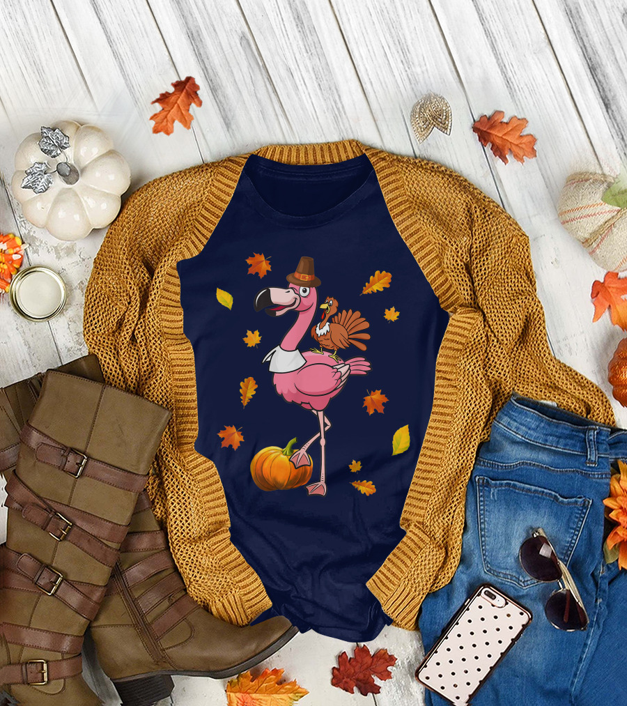 Thanksgiving Flamingo Pilgrim and Turkey with Autumn Leaves and Pumpkin T-Shirt