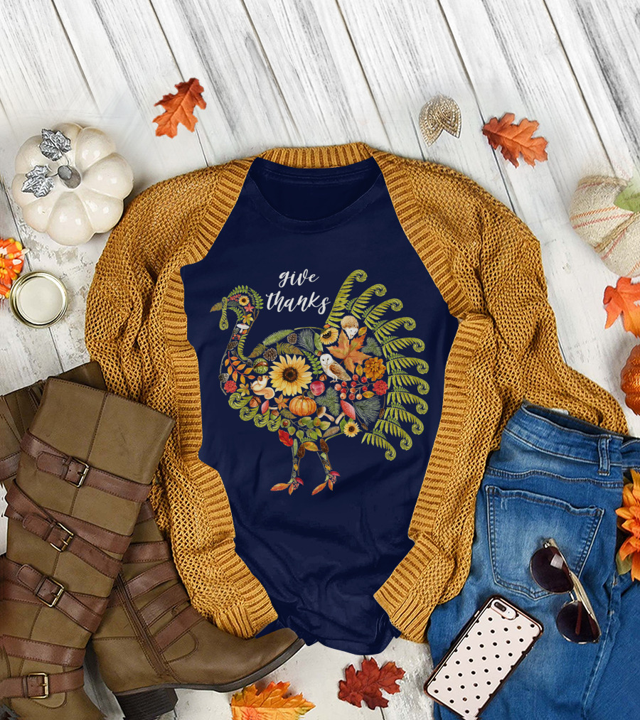 Give Thanks Vintage Autumn Botanical Turkey Thanksgiving T-Shirt