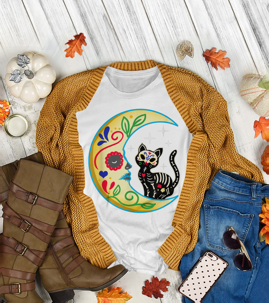 Cat and Moon Sugar Skull Dia de Los Muertos Day of the Dead Mexican Festival T-Shirt
