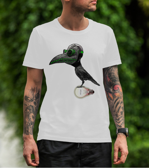 Bird In Plague Doctor Mask Perched On Light Bulb T-Shirt