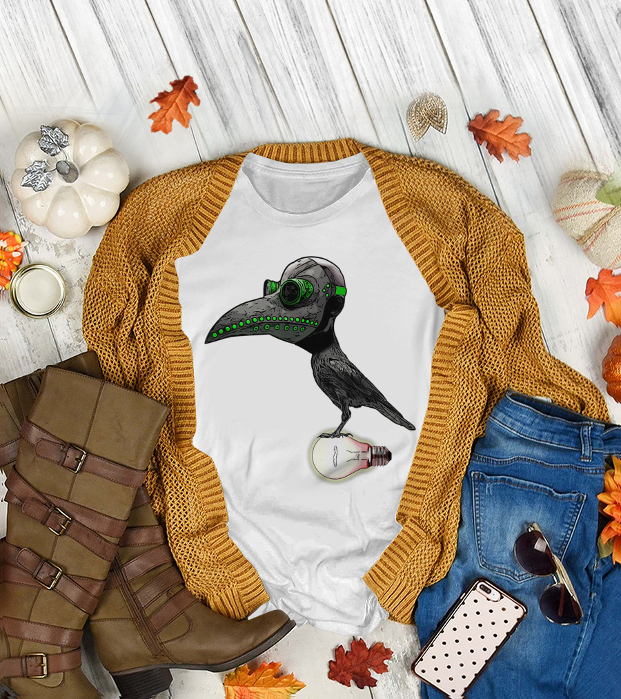 Bird in Plague Doctor Mask Perched on Light Bulb T-Shirt