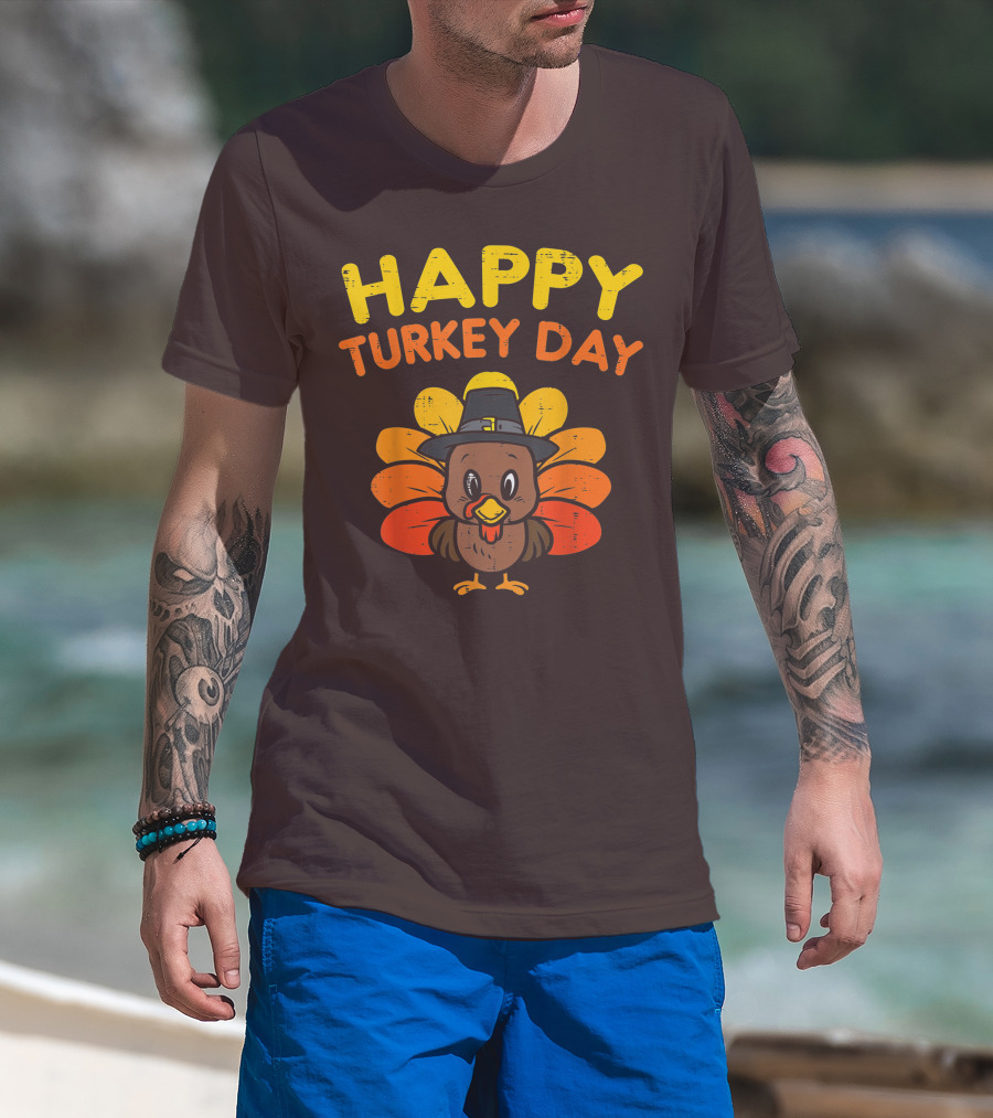 Happy Turkey Day Cute Thanksgiving Pilgrim Turkey T-Shirt