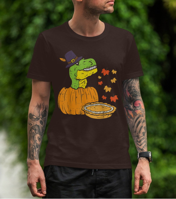 Pilgrim Trex Dinosaur Pumpkin Leaves Pie T-Shirt