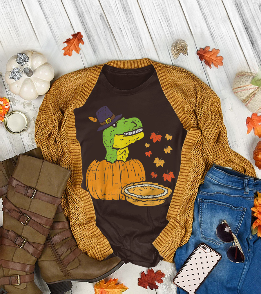 Pilgrim Trex Dinosaur Pumpkin Leaves Pie T-Shirt