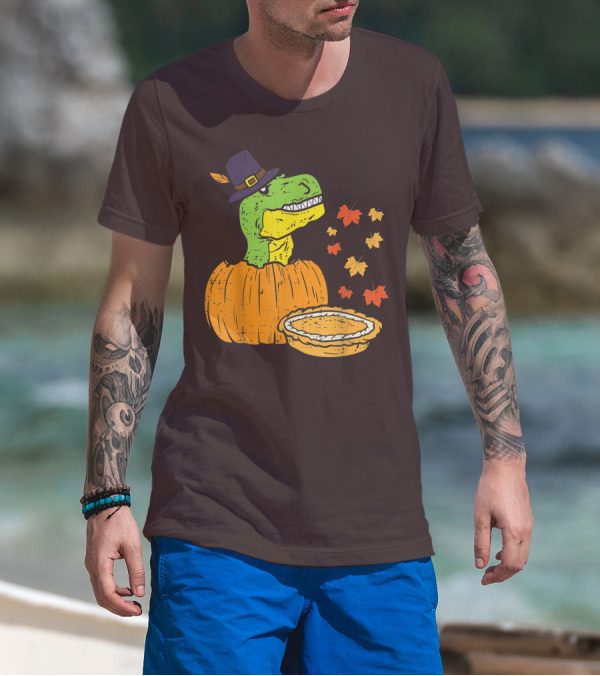Pilgrim Trex Dinosaur Pumpkin Leaves Pie T-Shirt