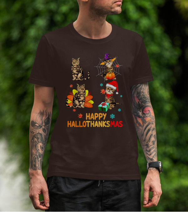Happy Hallothanksmas Cats With Pumpkin, Autumn Leaves, Santa Hat, And Gift T-Shirt