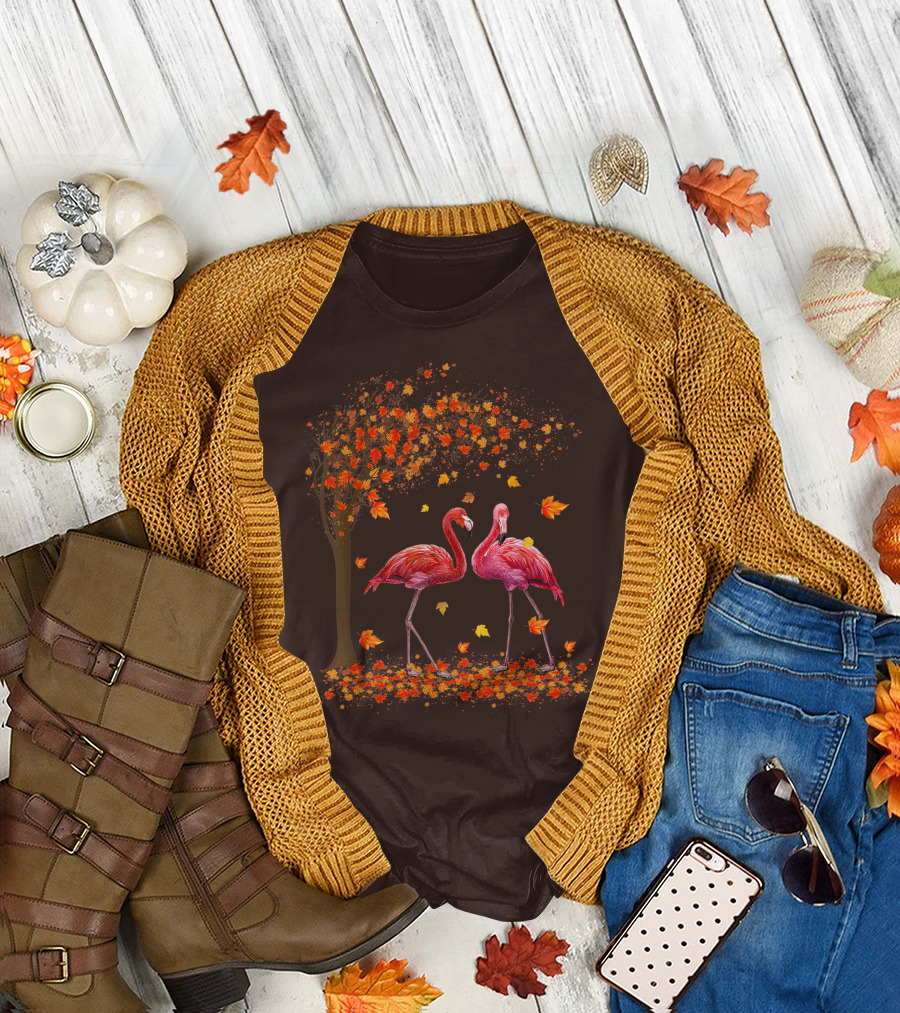 It's Fall Y'all Flamingo Autumn Leaves and Pink Flamingos T-Shirt