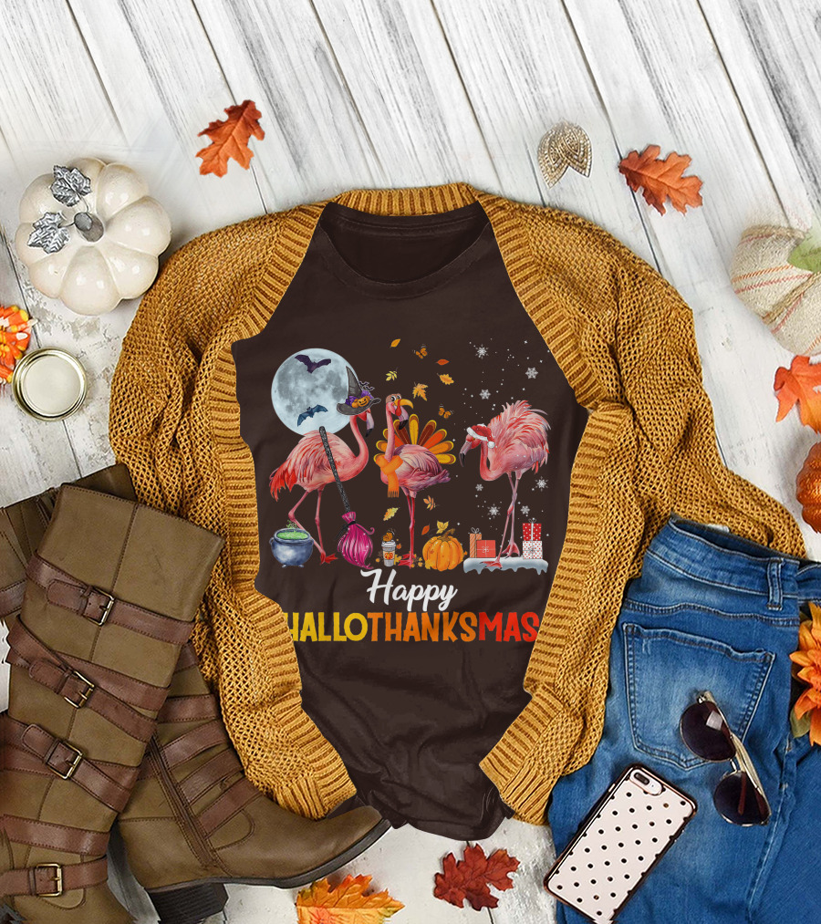 Happy Hallothanksmas Flamingo Halloween Merry Christmas T-Shirt