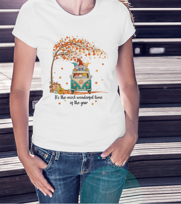 It's The Most Wonderful Time Of The Year Gnomes Autumn Fall In A Van With Pumpkins And Leaves T-Shirt