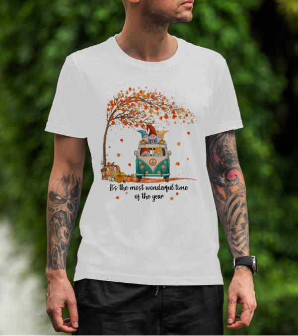 It's The Most Wonderful Time Of The Year Gnomes Autumn Fall In A Van With Pumpkins And Leaves T-Shirt