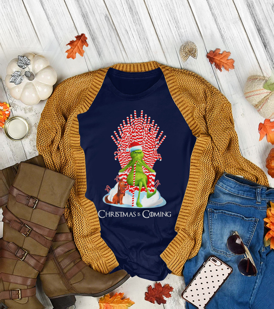 Christmas Is Coming Grinch Candy Cane Throne Funny T-Shirt