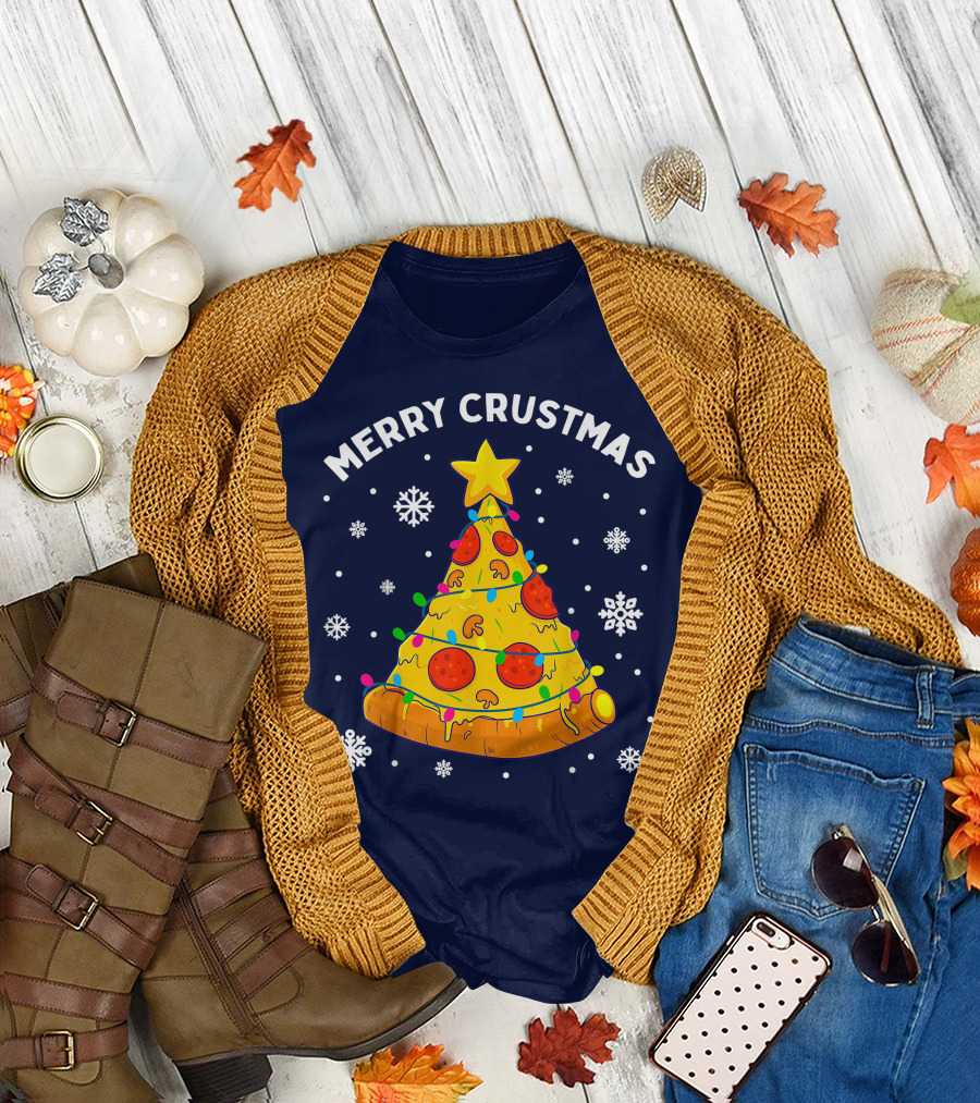 Merry Crustmas Pizza Christmas Tree with Cheese Garland and Snowflakes T-Shirt