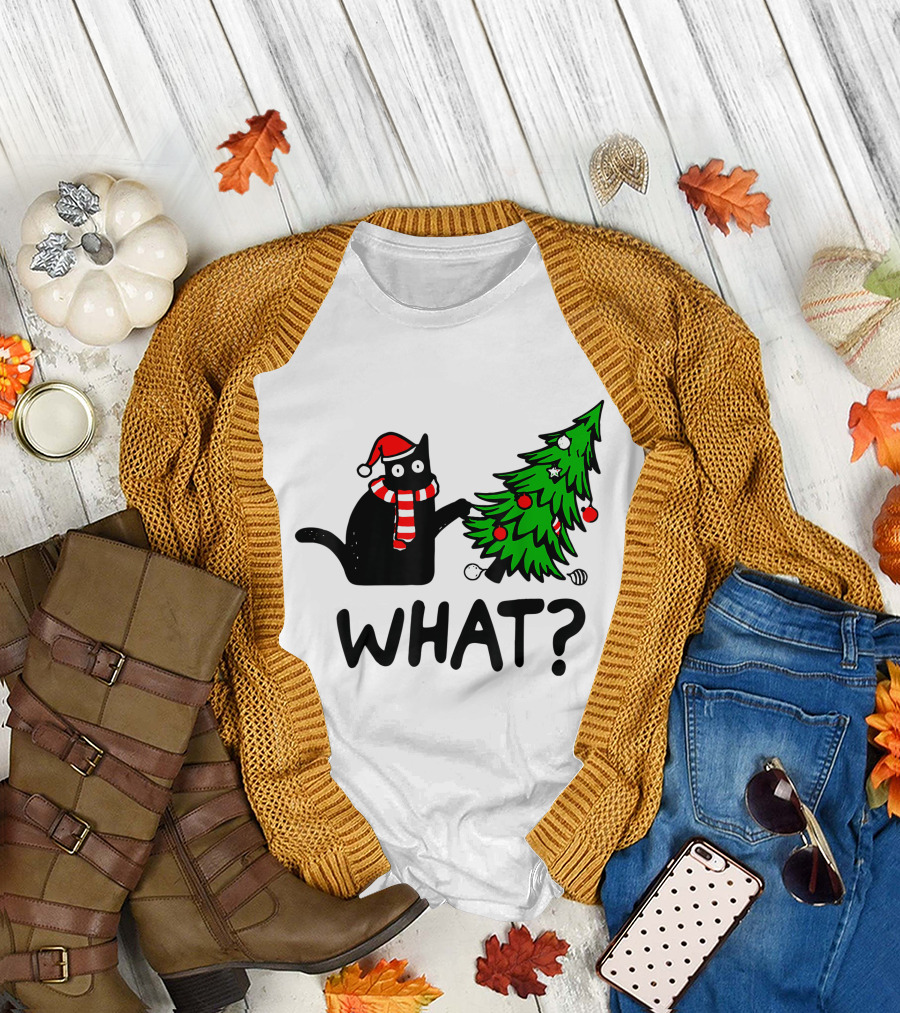 Funny Black Cat Santa Hat Pushing Over Christmas Tree What T-Shirt