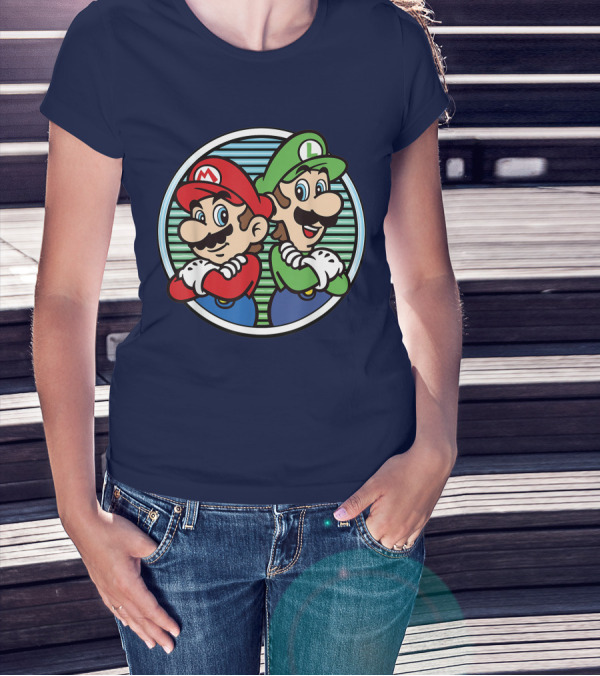 Super Mario Luigi Back To Back Iconic Brothers Circular Retro Stripes T-Shirt