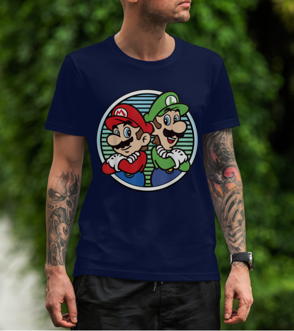 Super Mario Luigi Back To Back Iconic Brothers Circular Retro Stripes T-Shirt