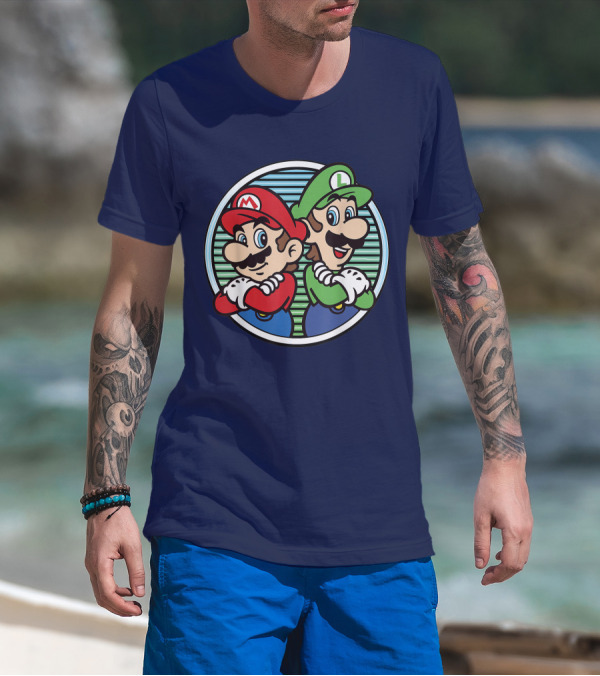Super Mario Luigi Back To Back Iconic Brothers Circular Retro Stripes T-Shirt