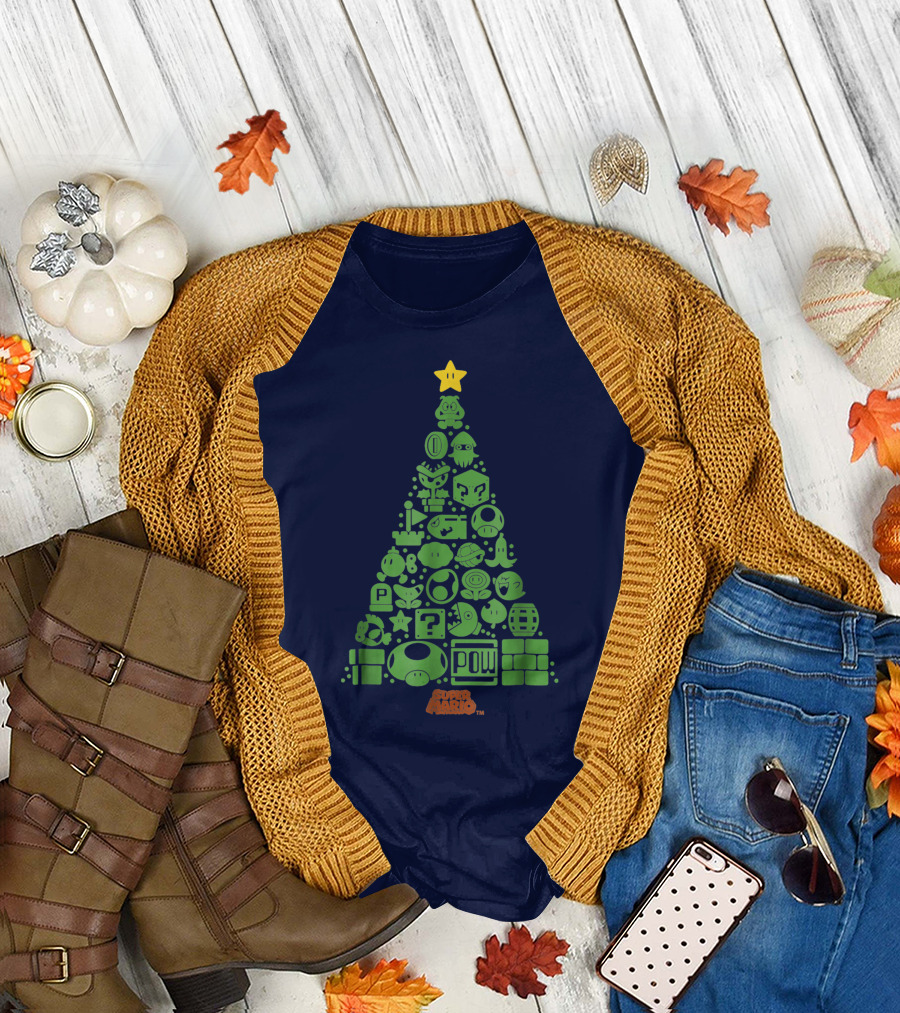 Super Mario Green Icon Christmas Tree with Star and Blocks T-Shirt