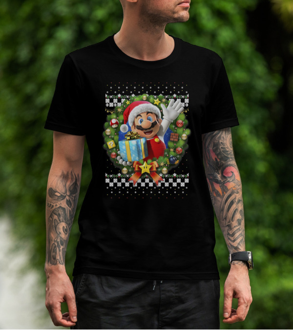 Super Mario Christmas Wreath Santa Present With Gift And Iconic Symbols T-Shirt