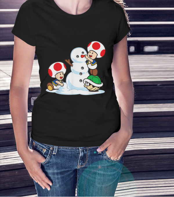 Funny Super Mario Toad Building A Snowman With Shell帽 T-Shirt